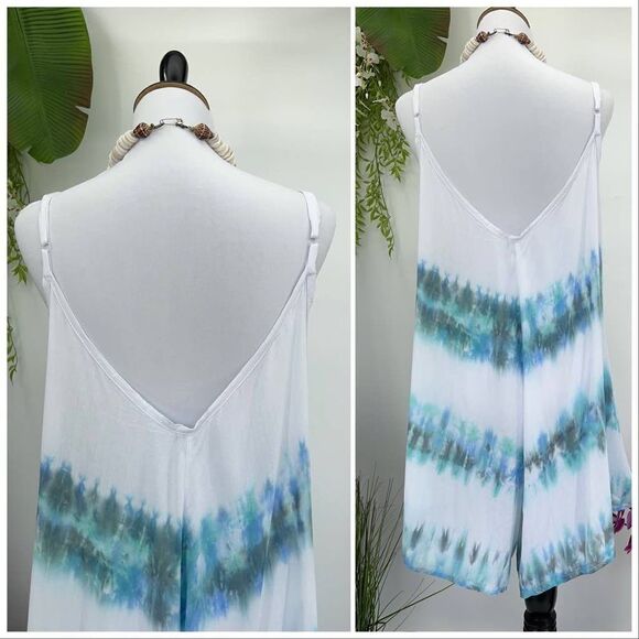 Kau wela Summer Mini Romper Beach Boho Romper Gypsy Overall Wide Leg  Blue/Green - Picture 11 of 16